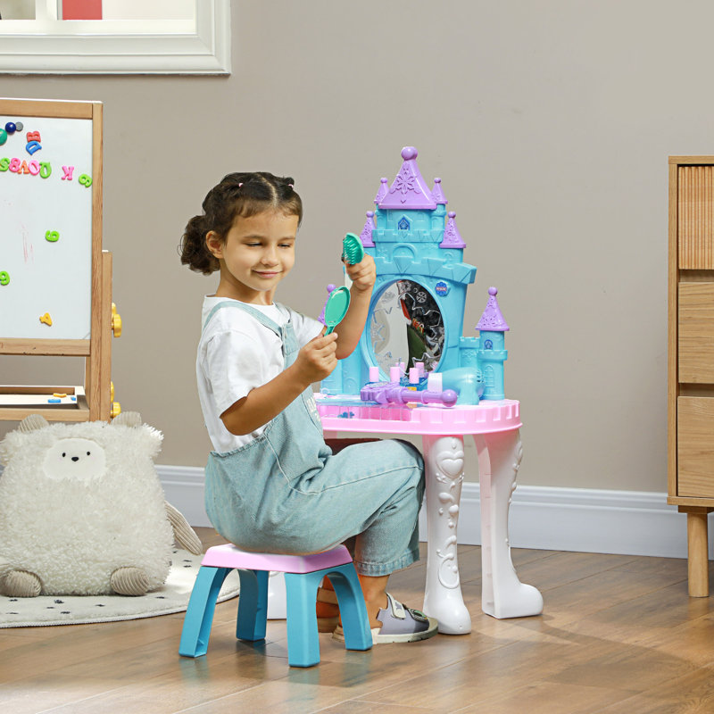 Qaba Kids Vanity Set with Mirror and Stool, Castle Design Makeup Table with Light, Music, Hair Dryer, 18 Accessories, Girls Pretend Play Toys for 3-6 Years, Multicolor