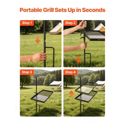 Heavy Duty Swivel Campfire Grill, 24" Portable Camping Grill Grate & Griddle, Sturdy Steel BBQ Mesh, 360° Height Adjustable Over Fire Pit Equipment, for Outdoor Open Flame Cooking