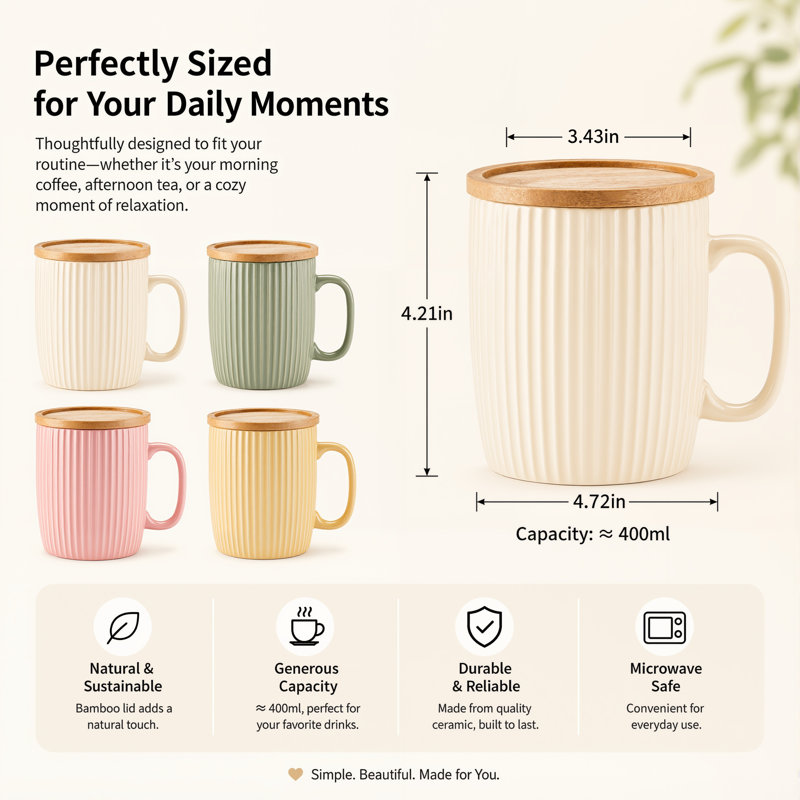 Ensemble de 4 tasses à café verticales en céramique avec couvercles. 400 ml de tasses à thé glaçées colorées en crème, rose, vert, jaune pour les boissons quotidiennes