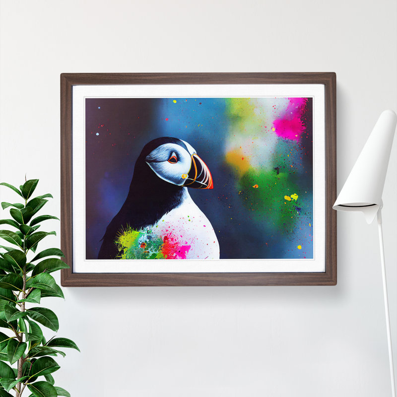 XH1022-2202X Colourful Puffin Bird - Single Picture Frame Painting, Walnut Framed, 25cm H x 34cm W x 2cm D