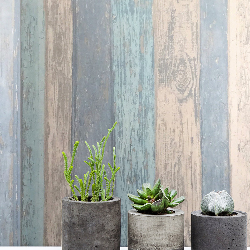 Alula Distressed Wood 10m x 52cm Wallpaper Roll, Blue/Grey