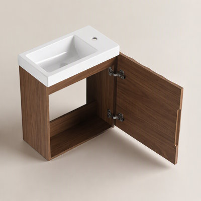 Meuble-lavabo mural 18,5 po avec lavabo en résine, porte simple à fermeture douce, panneau de fibres à densité moyenne, noyer (emballage KD)