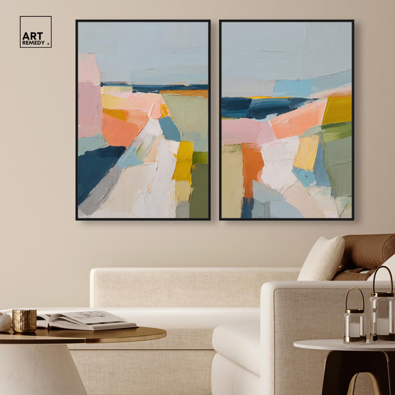 Pastel Fields Duo Canvas Print Modern Abstract Art Set by Art Remedy, Black Frame, 36 x 54, H 37 po x l 25 po, Black Frame