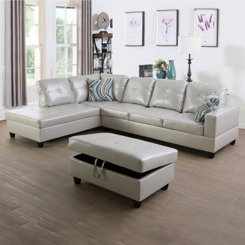 103.5" Faux Leather Sectional with Storage Ottoman, Left Hand Facing, Black