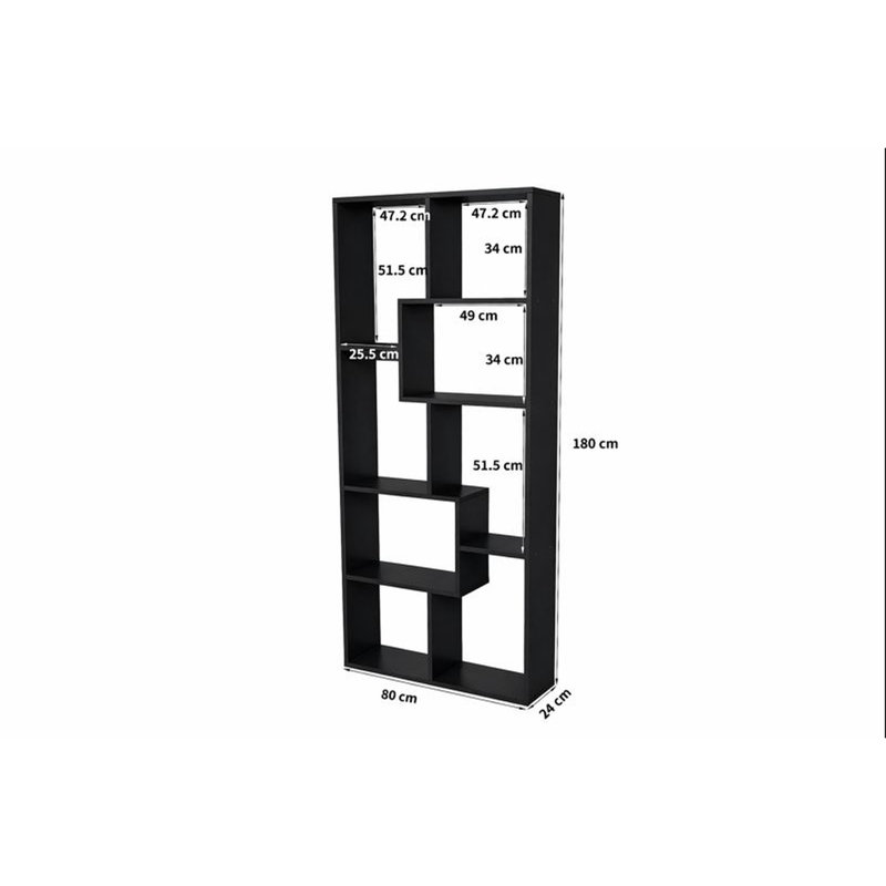 Étagère de rangement verticale à 5 niveaux, bois synthétique aux tons noirs, bibliothèque asymétrique pour les entrées et les salons compacts