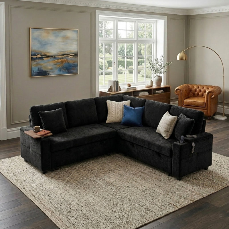 Symmetrical Upholstered Corner Sectional With Arm Table And Pull-Out Bed, Black