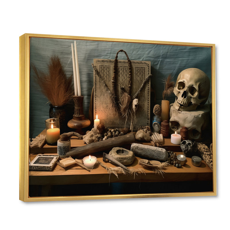 Autel avec objets sacrés I - reproduction sur toile, H 24 po x l 32 po x P 1 po, Cadre flottant doré