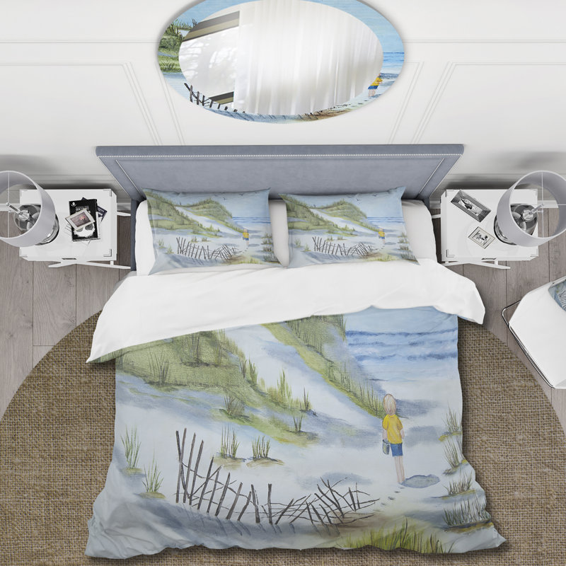 Enfant marchant sur la plage - Ensemble de housse de couette nautique et côtier - Polyester en microfibre