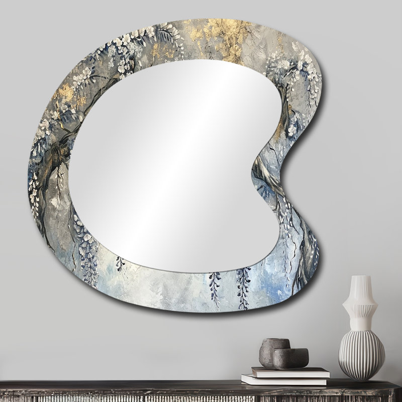 Evisa Silver Wisteria Tree SIlver Vintage - Floral Tree Asymmetrical Mirror, Grey Unique Shape Decorative Wall Mirror, Printed Metal Art