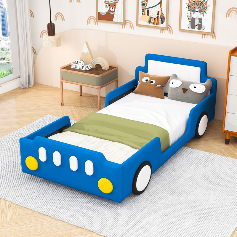 Twin Race Car-Themed Bed With Slats, Blue