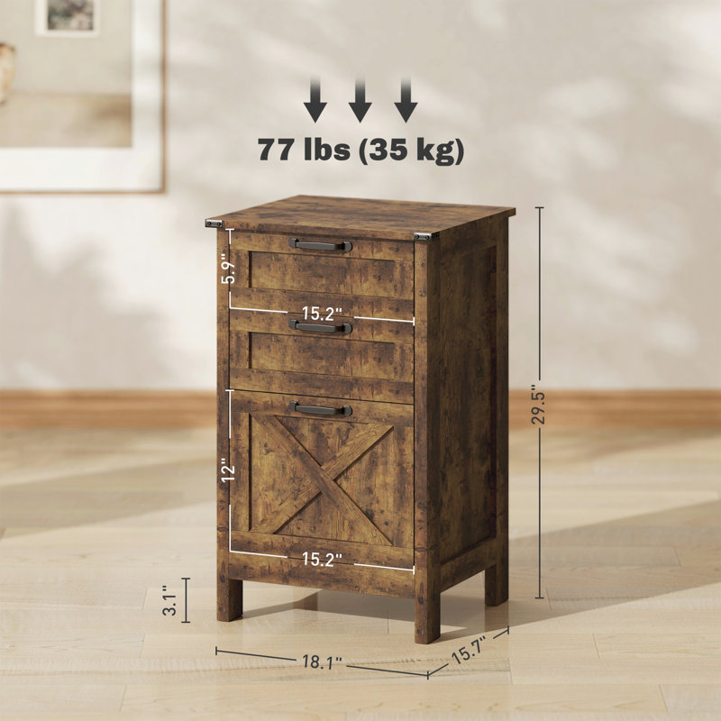 Armoire de rangement rustique à 3 tiroirs pour bureau personnel, deux petits tiroirs, grande avec barre à dossiers réglable, glissières silencieuses, dispositif de basculement, structure verticale en panneau de particules brun