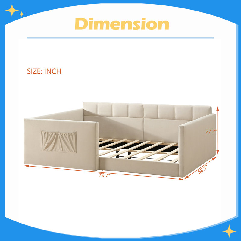 Canapé-lit en velours avec panneaux latéraux hauts et entrée latérale Day Bed, Full, Beige