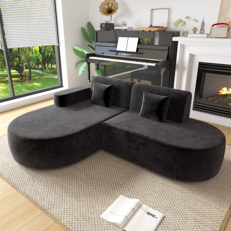 No Assembly Required Corner Sofa, L-Shape Sectional Sofa With 2 Pillows, Black