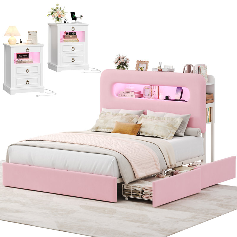 Ensemble de chambre à coucher lumineuse 3 pièces - Lit de rangement à DEL et commodes à DEL avec station de charge