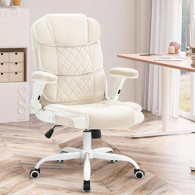 Fauteuil de bureau avec roulettes et accoudoirs rabattables, fauteuil de direction en tissu de velours, beige