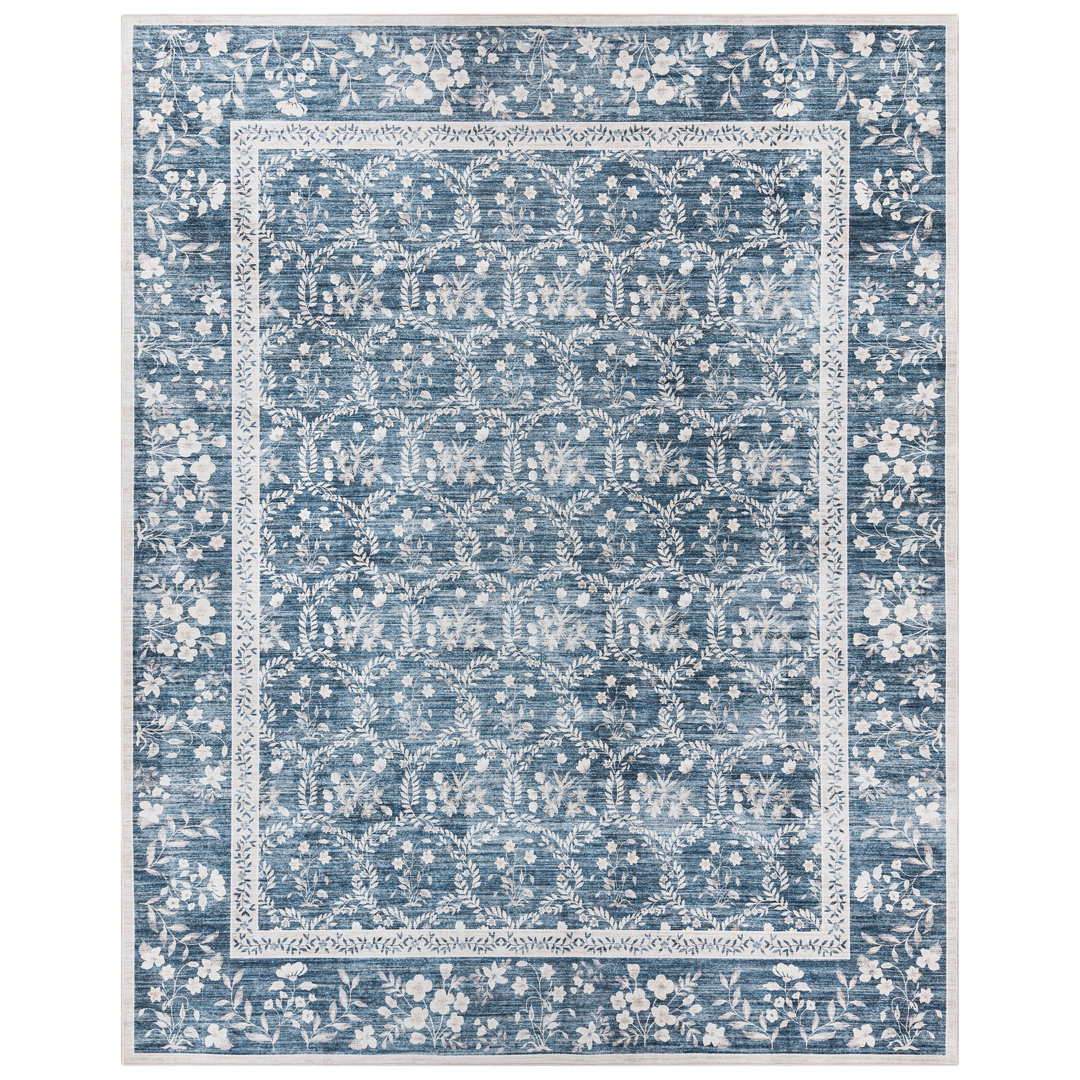 Rayna Vela Navy Blue Ivory Gray Transitional Leaf Floral Border Washable Flat Pile Indoor Area Rug Bungalow Rose Rug