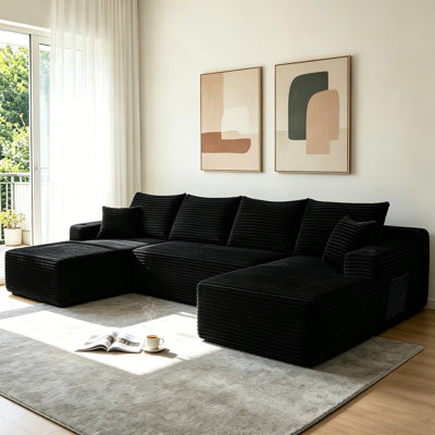 Canapé modulaire en forme de U de 134 po avec méridienne en U, poches latérales et porte-gobelet, conception modulaire moderne, assise profonde, canapé rembourré pour le salon / la chambre à coucher, aucun assemblage requis (moelleux) noir