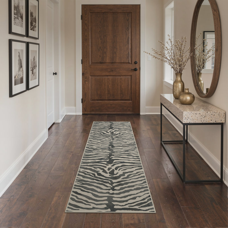 Safari Animal Print Zebra Machine Printed Washable Beige / Gray Indoor Area Rug with Non-Slip Backing, Runner 2' x 7'