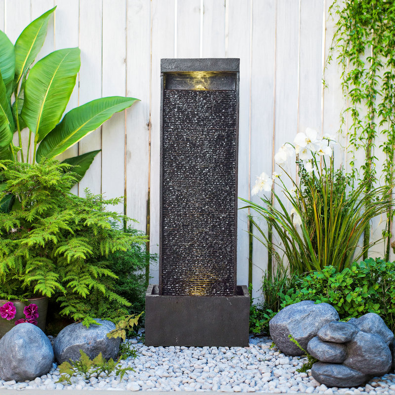 Outdoor Floor - Standing Waterfall Fountain With LED Light, Modern Rock - Textured Water Feature For Garden, Patio & Yard Decor