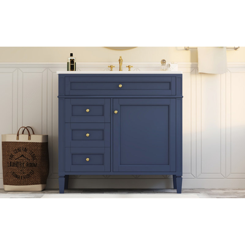 Meuble-lavabo de 36 po avec lavabo supérieur, armoire de rangement moderne avec 2 tiroirs et un tiroir basculant, Or, Bleu