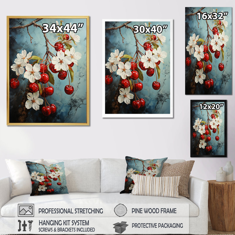 «Chuckling Cherry Charm - Fruit», reproduction d'art sur toile_105728, H 32 po x l 16 po x P 1 po, Cadre photo noir