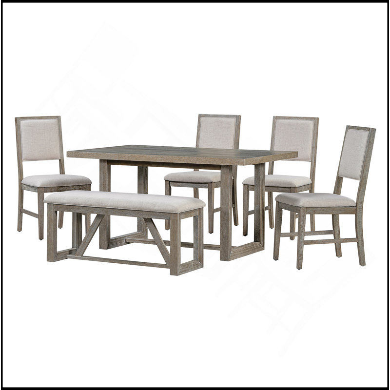 6-Piece Retro Dining Table Set For 6, 60" Wood Kitchen Table And Chairs Set Of 4 With Bench Designed Trestle Base For Kitchen & Dining Room (Grey)
