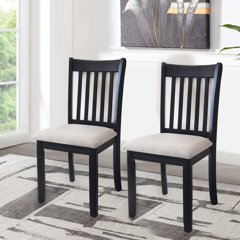 Black Upholstered Wooden Slat Back Dining Chairs, Set of 2