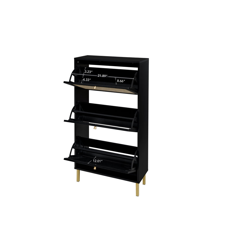Étagère à chaussures en rotin 3 portes, armoire de rangement pour chaussures moderne autoportante, Noir / doré