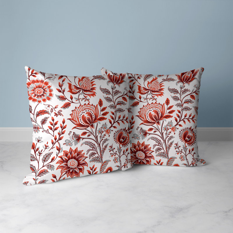 Red and Gray Floral Faux Suede Square Throw Pillow