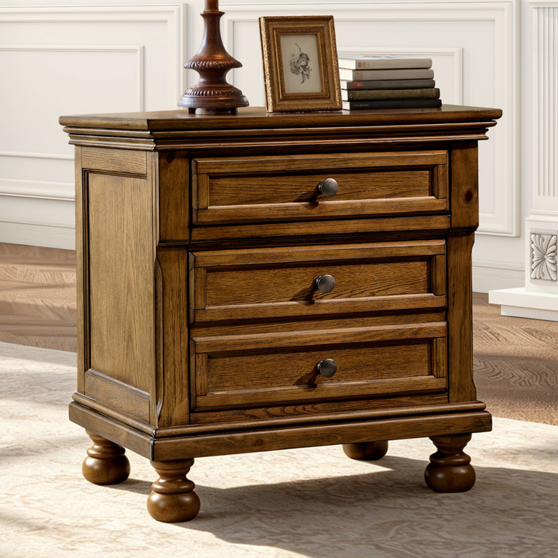 Table de chevet 2 tiroirs en bois massif l 26 po, brun clair, Marron clair
