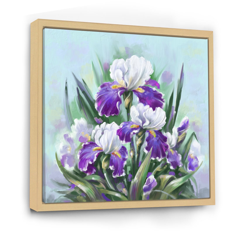 Fleurs et iris mauves en fleurs, H 16 po x l 16 po x P 1 po, Toile naturelle avec cadre flottant