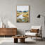 Tableau sur toile représentant un paysage fluvial avec des marais dorés et des montagnes bleues-976239374