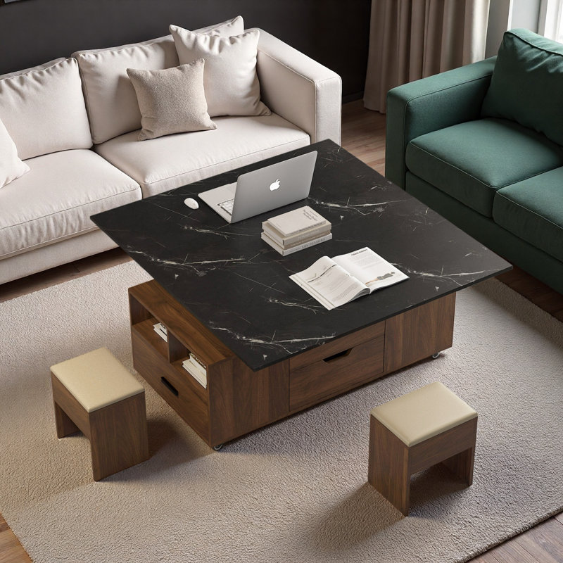 Table basse relevable moderne avec 2 tabourets, rangement caché et tiroirs