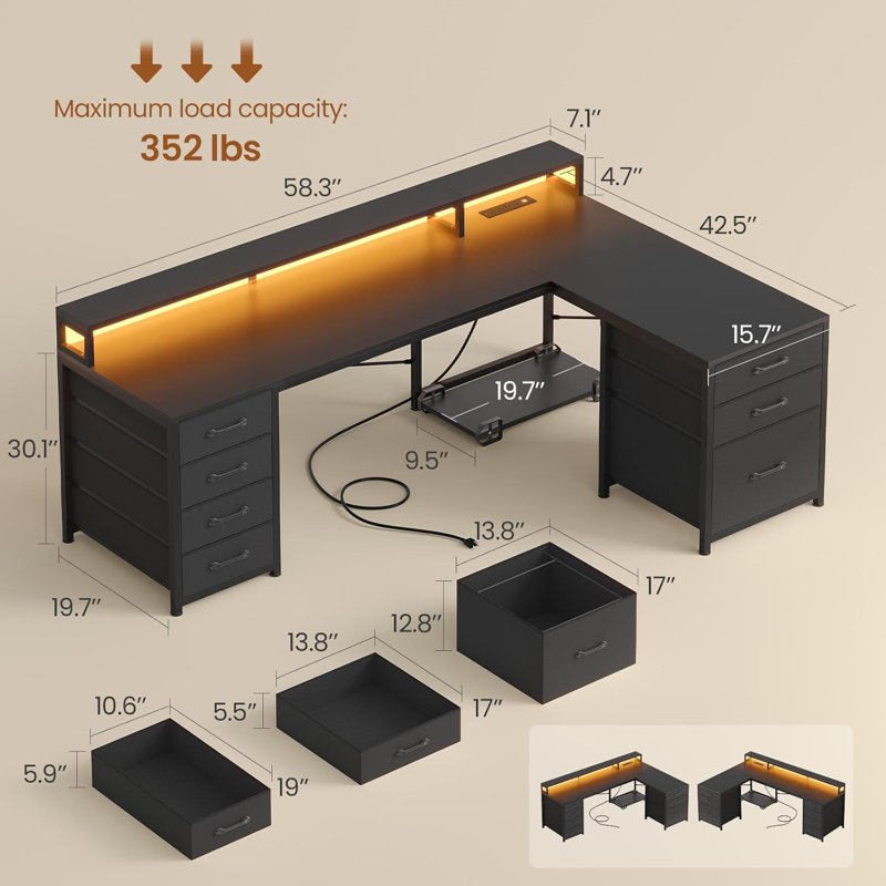 L Shaped Computer Desk, 64.5'' Reversible Gaming Desk With Led Light, Black