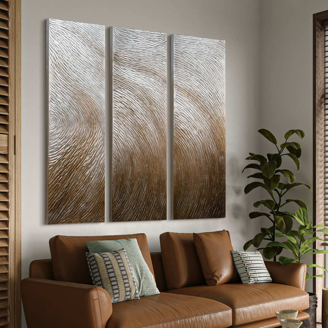 'Gold Waves' by Martin Edwards - 3 Piece Unframed Hand Painted Canvas Set Everly Quinn