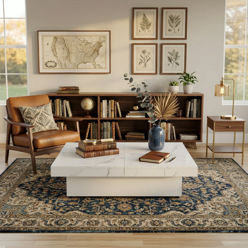 Table basse carrée en placage de marbre avec plateau coulissant et rangement, blanc, 39,4 po, Blanc