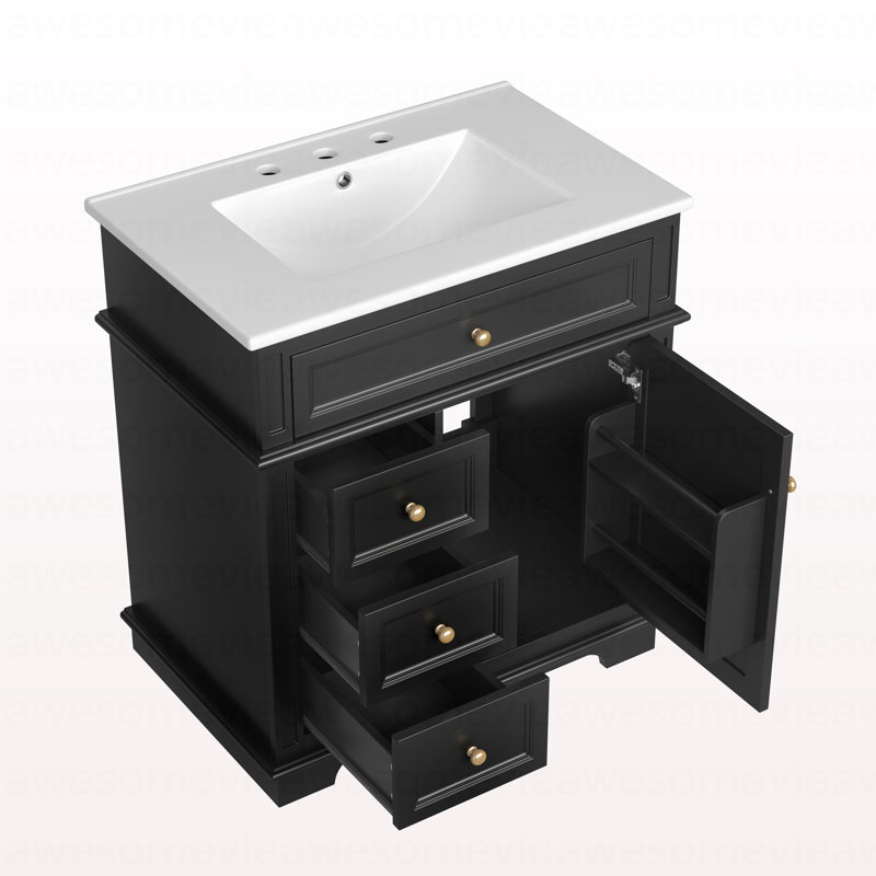 30" Bathroom Vanity With Sink, One Tip-Out Drawer, Three Drawers, Door Shelf, Soft Closing Door, Black
