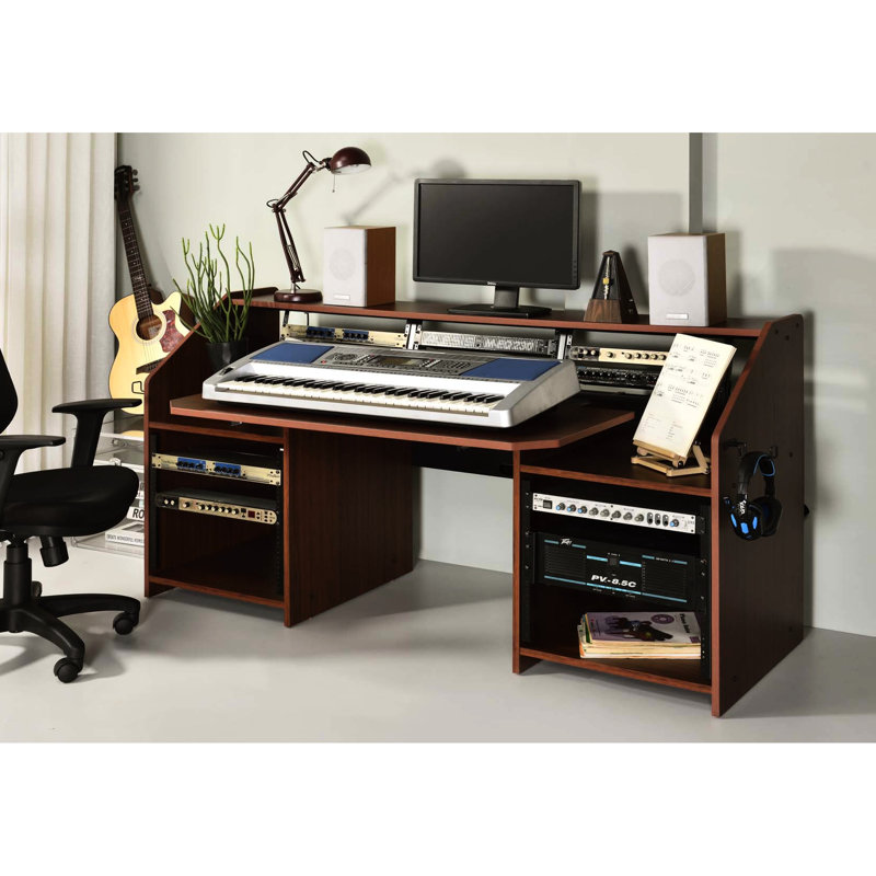 Bureau de musique rectangulaire en cerisier pour les réalisateurs, 2 compartiments ouverts, 1 tablette au-dessus, écouteurs, trous pour câbles, fixation pour trous de vis, plateau coulissant et pédales à crochets latéraux