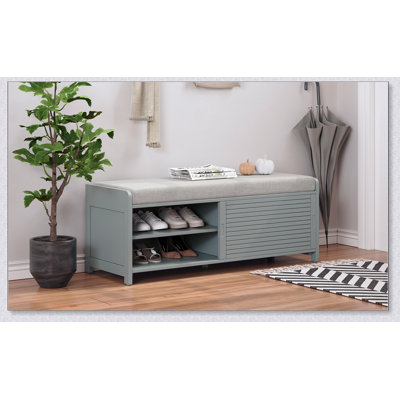 Banc de rangement à volets vieillis avec placage d'acacia pour le charme rétro du salon, entrée (gris)