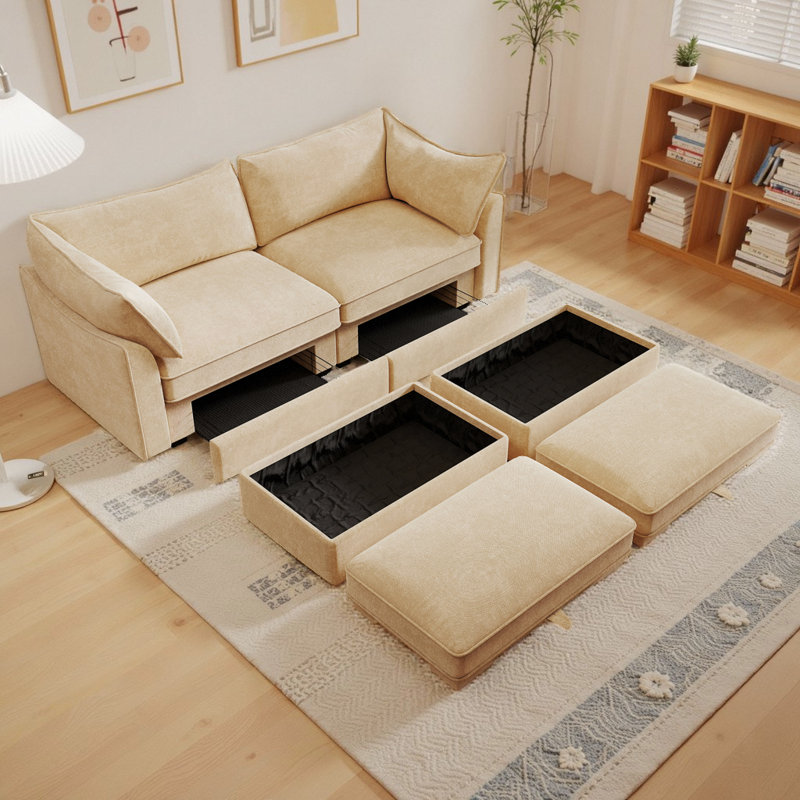 Canapé modulaire en tissu de chenille 2 places avec 2 repose-pieds mobiles et tiroirs de rangement cachés sous chaque siège, conception moderne et peu encombrante