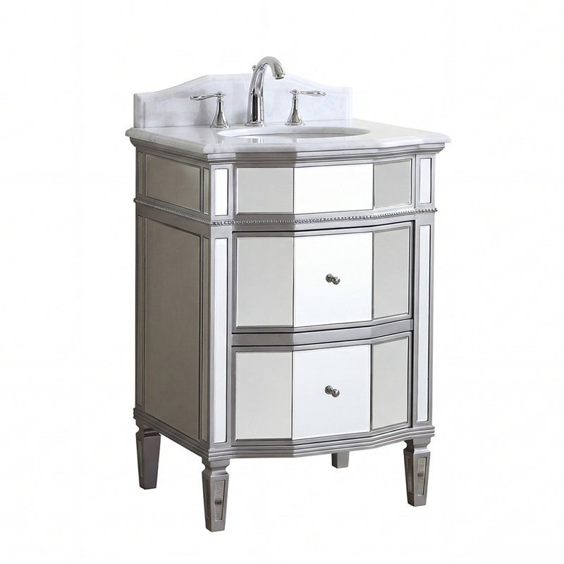 Meuble-lavabo de salle de bain Ashlie argenté traditionnel autoportant de 61 cm (24 po), avec miroir, lavabo simple et comptoir en quartz blanc cassé, entièrement assemblé, collection Benton.