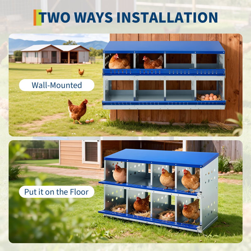 Boîte de nidification pour poulets en acier galvanisé à 8 compartiments, boîte de ponte antirouille avec collection automatique d'œufs, nichoir résistant aux intempéries pour poules et canards