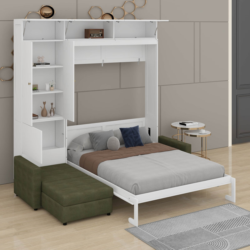 Grand lit escamotable avec canapé et tablettes, Blanc / vert
