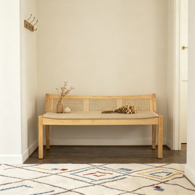 Kasi Natural Low Back Cane Bench with Beige Upholstered Seat, Woven Rattan and Solid Wood Frame, 52.36-Inch Wide Entryway or End-of-Bed Seating