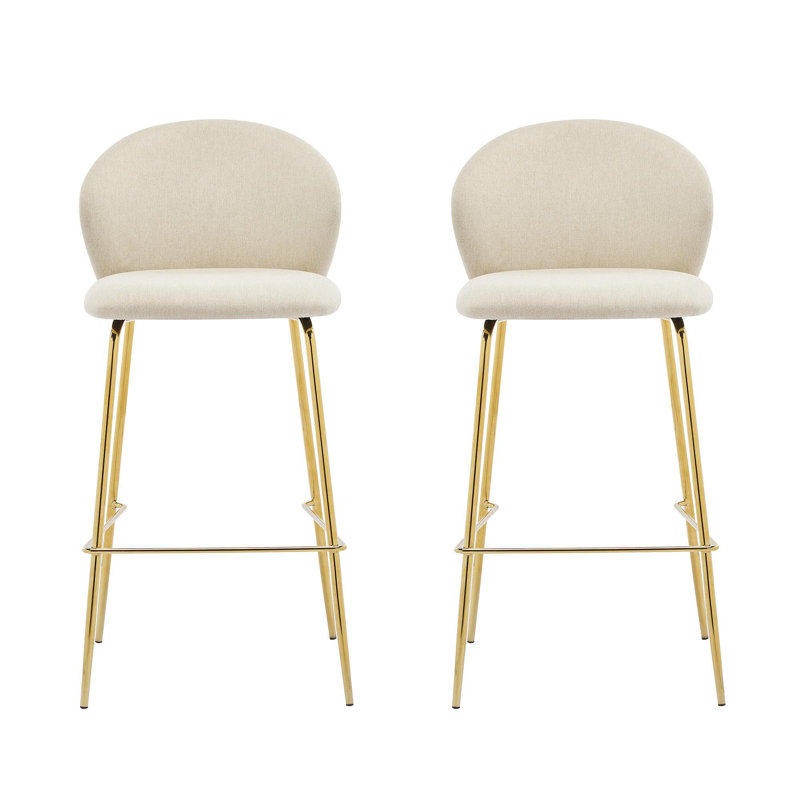 Kira Indoor Upholstered Bar Stool, Beige Fabric With Metal Frame, Set Of 2