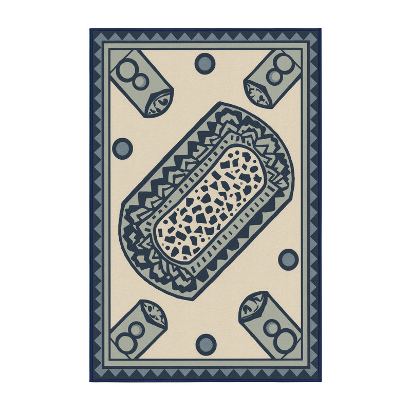 Machine Washable Klein Burrito Global Inspired Block Print Rug in Gray – Navy Binding, 6x9