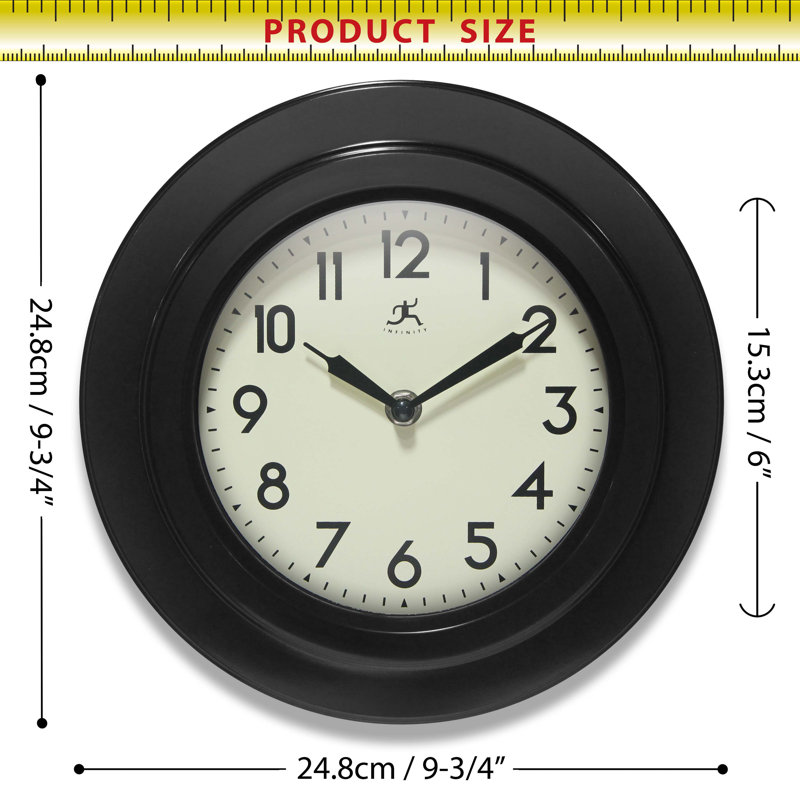 Retro Escape Midcentury/Modern Round Plastic Wall Clock 9.75 Inches, Black