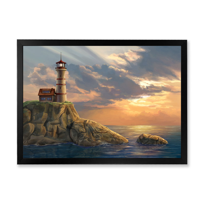Phare sur une falaise côtière au coucher du soleil - Cadre photo, impression sur toile, H 16 po x l 32 po x p 1 po