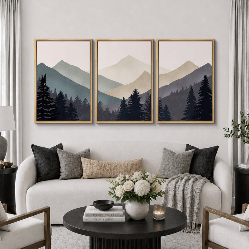 «Sun Mountain Landscape», œuvre abstraite de forêt neutre, images murales minimalistes modernes, impression sur toile encadrée, 3 pièces
