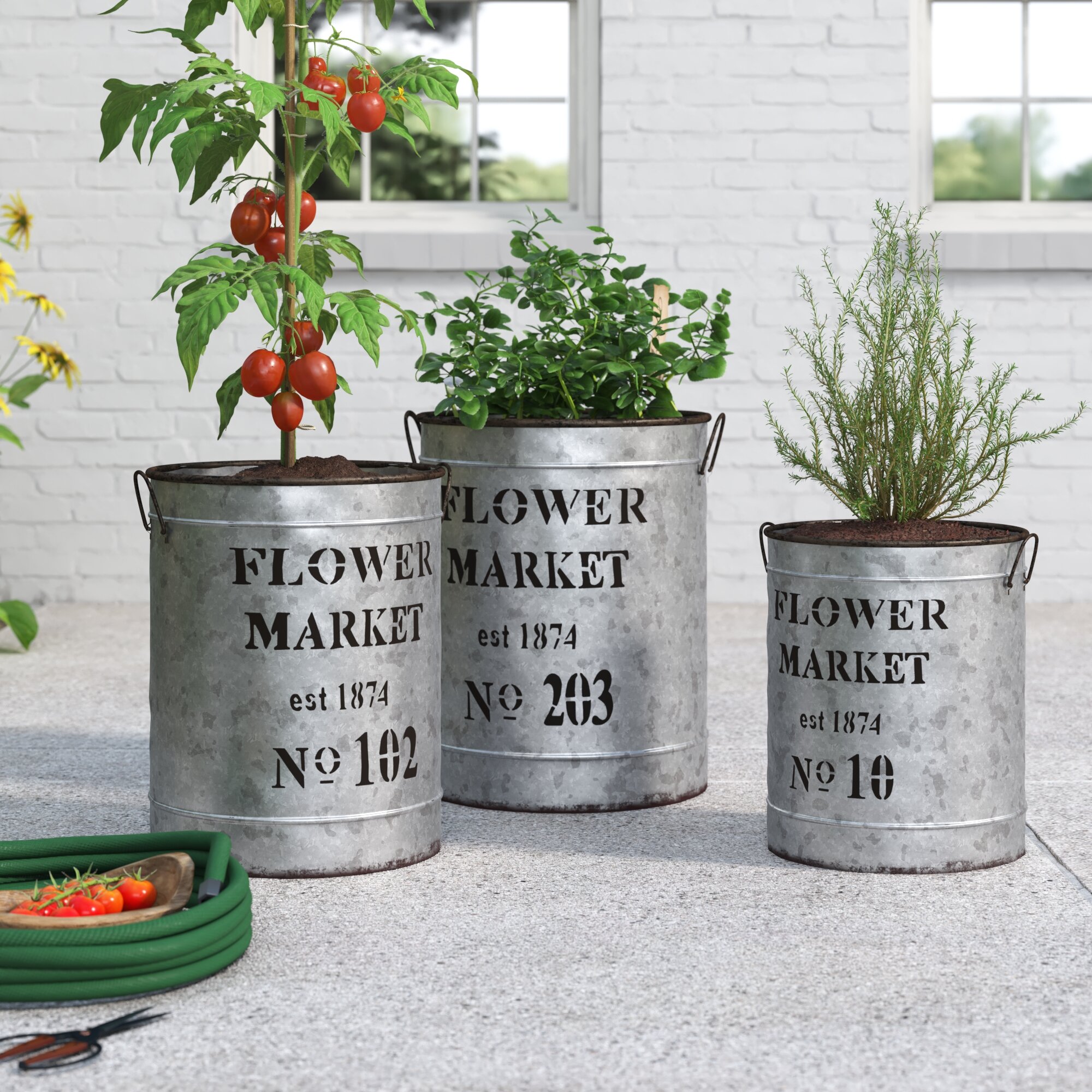 Sego Decorative Round Metal Buckets with Handles and Flower Market Text